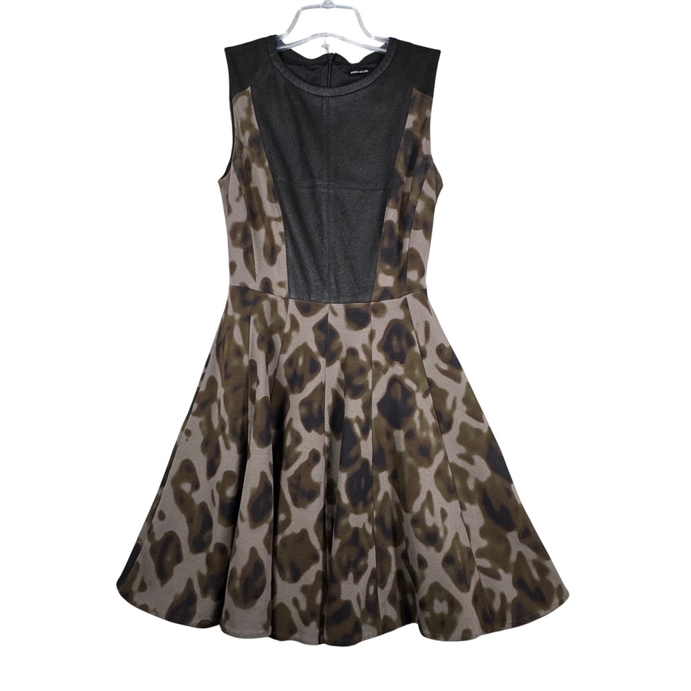Karen Millen Dress Women 6 Black Green Leopard Cheetah Skater Fit & Flare Party